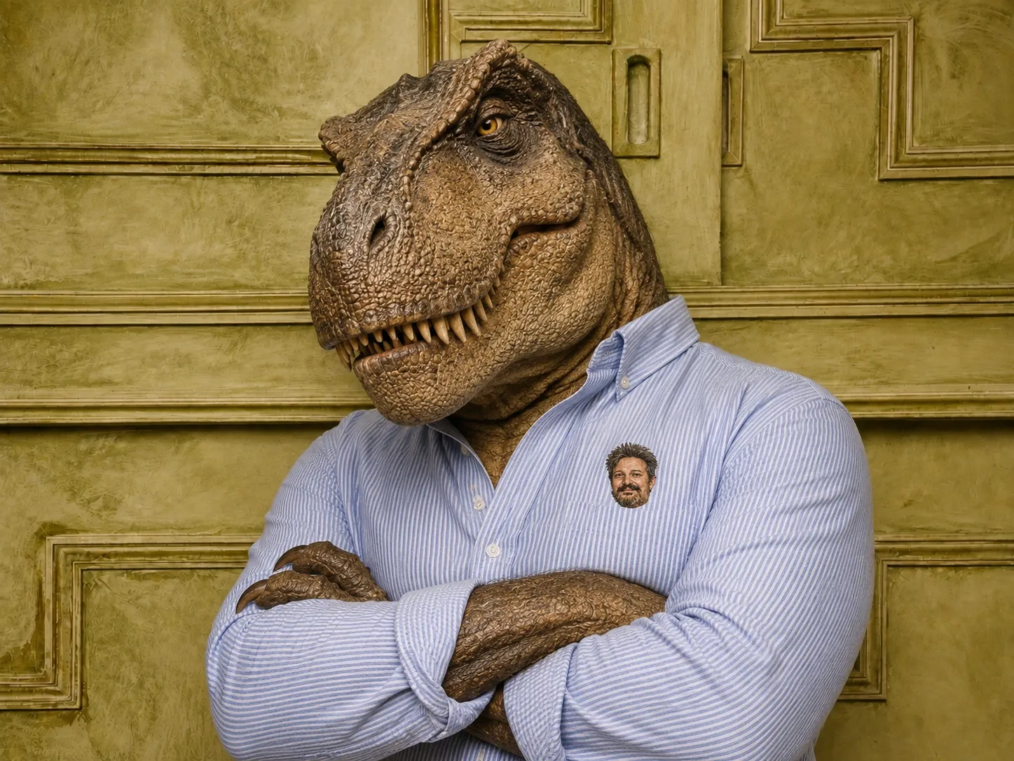 Baptiste de Prailles, bras croisés devant la même porte ancienne, mais avec une tête de tyrannosaure, et son propre visage brodé sur la poche de la chemise.